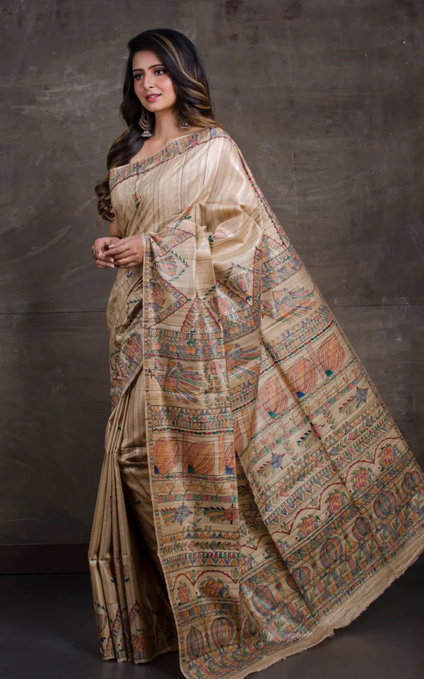 Hand_Paint_Madhubani_On_Natural_Ghicha_Tussar_Silk_Saree