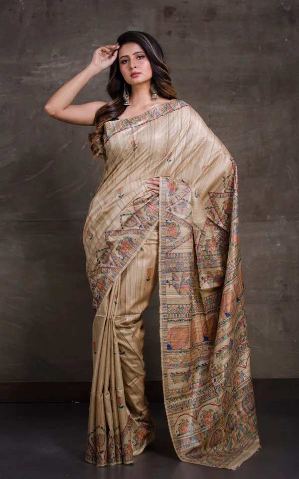 Hand_Paint_Madhubani_On_Natural_Ghicha_Tussar_Silk_Saree