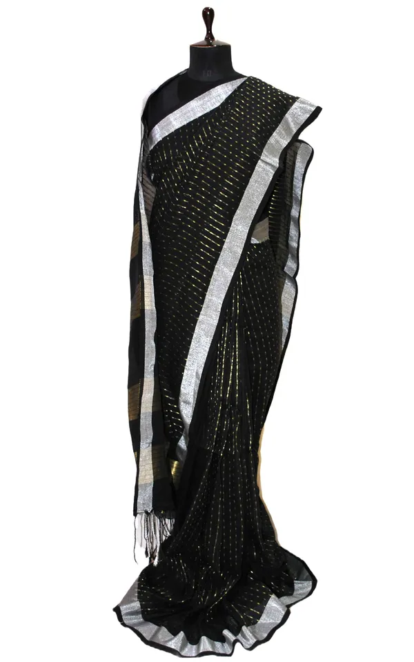 Miniature_Polka_Machi_Butti_Linen_Banarasi_Saree_In_Black_And_Silver