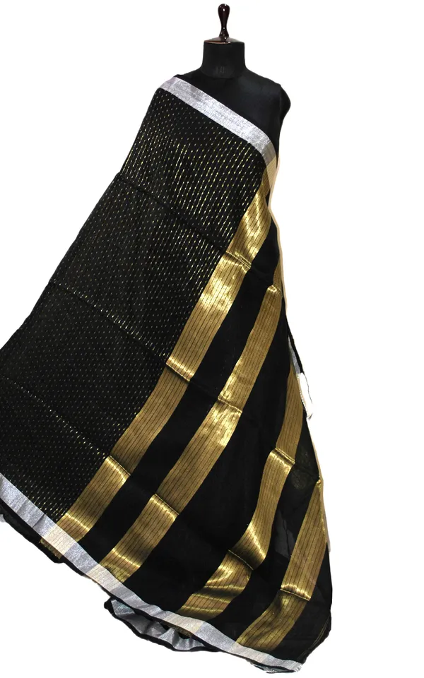 Miniature_Polka_Machi_Butti_Linen_Banarasi_Saree_In_Black_And_Silver