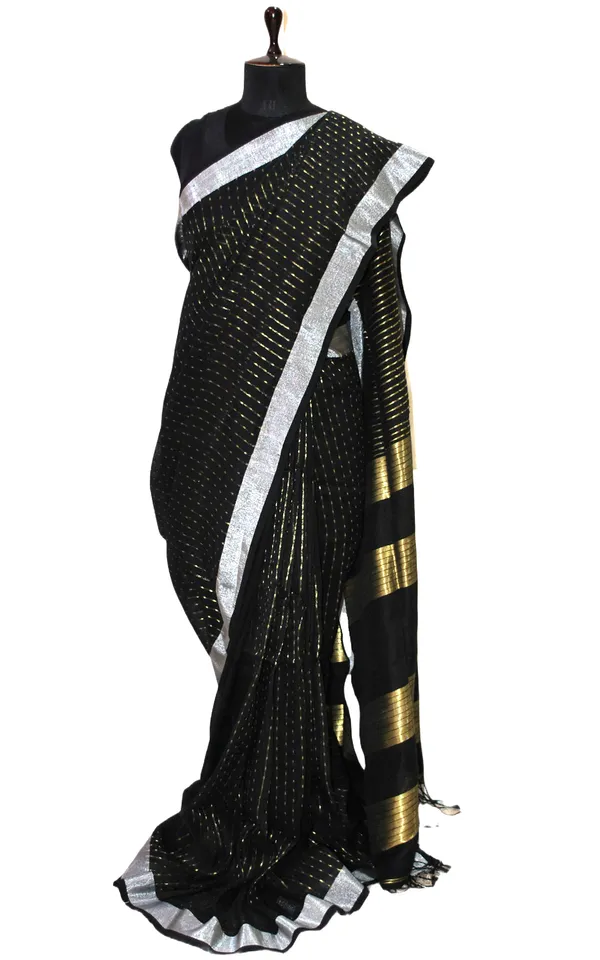 Miniature_Polka_Machi_Butti_Linen_Banarasi_Saree_In_Black_And_Silver