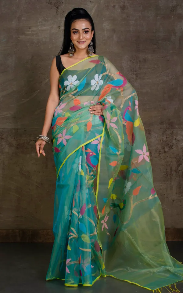 Peacock_And_Floral_Motif_Work_Muslin_Silk_Jamdani_Saree_In_Tiffany_Blue_Yellow_And_Multicolor_Thread_Work