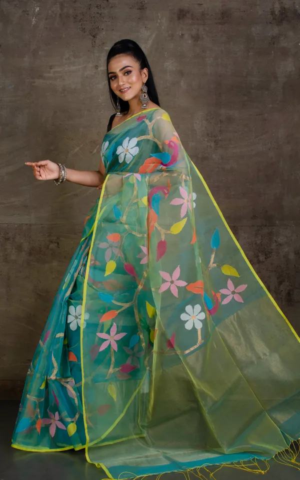 Peacock_And_Floral_Motif_Work_Muslin_Silk_Jamdani_Saree_In_Tiffany_Blue_Yellow_And_Multicolor_Thread_Work