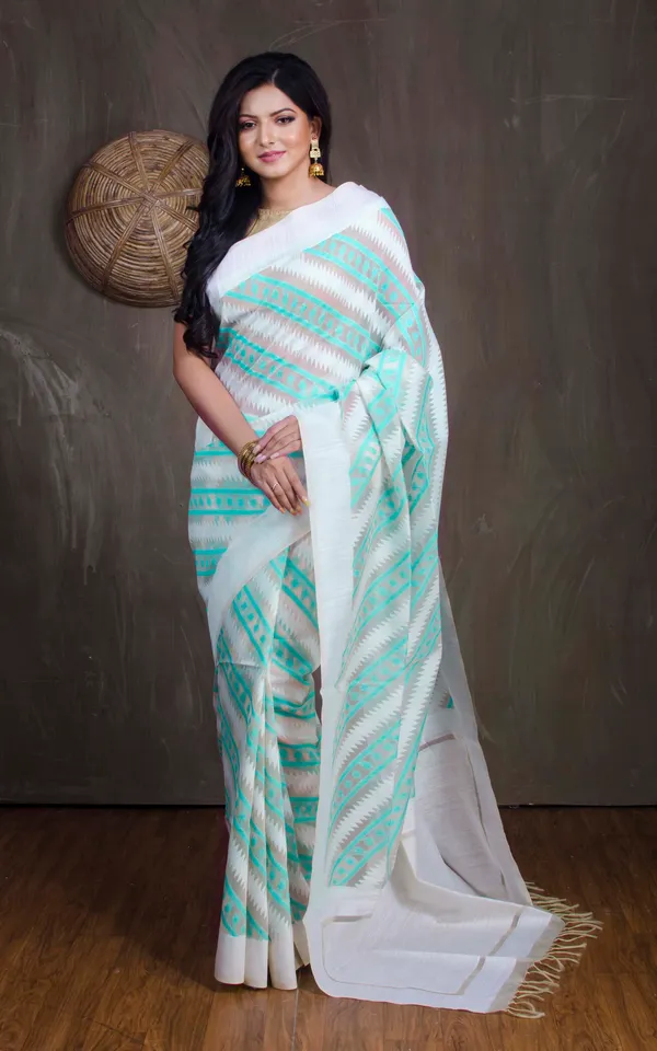 Blended_Cotton_Muslin_Jamdani_Saree_In_White_And_Sea_Green