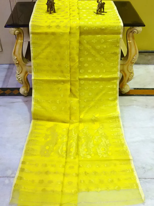 Hand_Woven_Cotton_Muslin_Jamdani_Saree_In_Basanti_Yellow_And_Gold