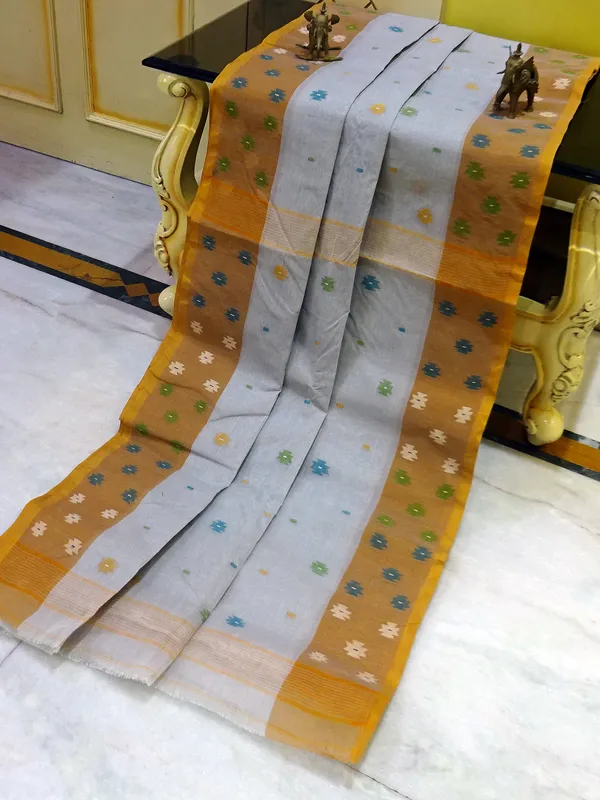 Hand_Work_Cotton_Dhakai_Jamdani_Saree_In_Cloud_Grey_Mustard_Brown_And_Multicolor