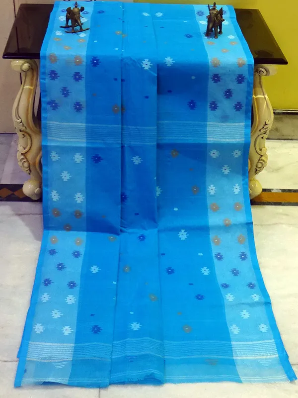 Hand_Work_Cotton_Dhakai_Jamdani_Saree_In_Azure_Blue_Sky_Blue_And_Multicolor