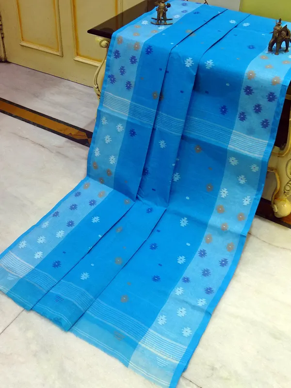 Hand_Work_Cotton_Dhakai_Jamdani_Saree_In_Azure_Blue_Sky_Blue_And_Multicolor