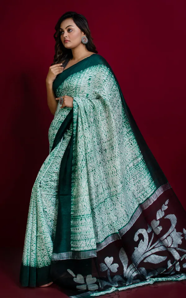 Pure_Handloom_Matka_Shibori_Jamdani_Saree_In_Off_White_And_Green