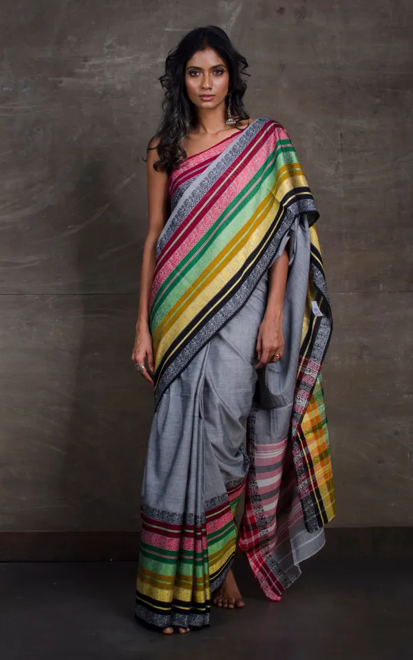 Mahapar_Woven_Nakshi_Border_Bengal_Handloom_Designer_Cotton_Saree_In_Grey_And_Multicolor
