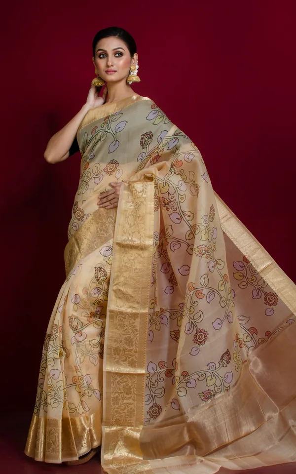 Digital_Printed_Handloom_Kora_Silk_Banarasi_Saree_In_Sand_Brush_Gold_And_Multicolor
