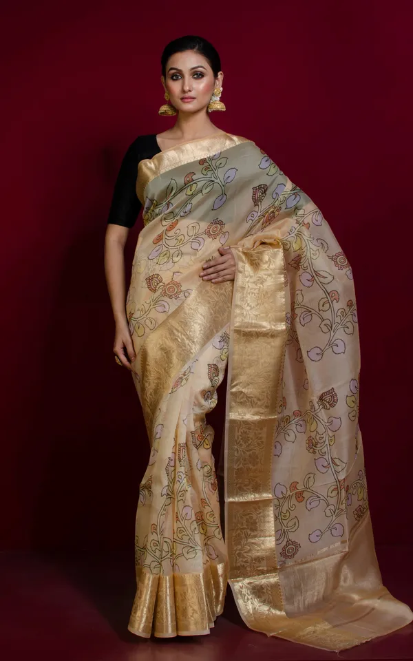 Digital_Printed_Handloom_Kora_Silk_Banarasi_Saree_In_Sand_Brush_Gold_And_Multicolor