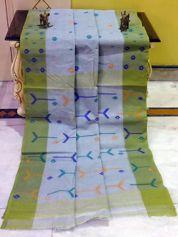 Hand_Work_Cotton_Dhakai_Jamdani_Saree_In_Grey_Green_And_Multicolor