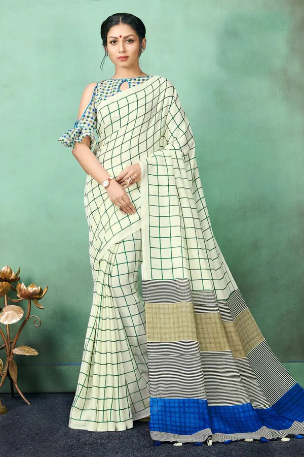 Designer_Printed_Linen_Saree_In_Off_White_Green_Black_And_Blue