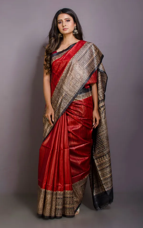 Soft_Tussar_Ghicha_Kalamkari_Saree_In_Scarlet_Red_Beige_And_Black