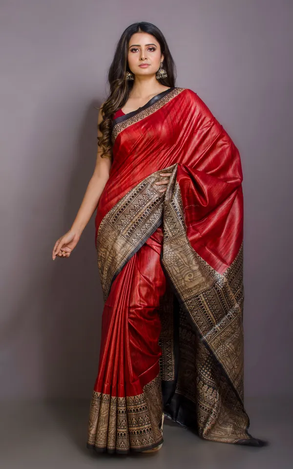 Soft_Tussar_Ghicha_Kalamkari_Saree_In_Scarlet_Red_Beige_And_Black