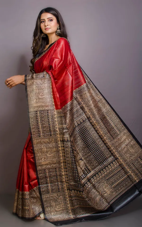 Soft_Tussar_Ghicha_Kalamkari_Saree_In_Scarlet_Red_Beige_And_Black