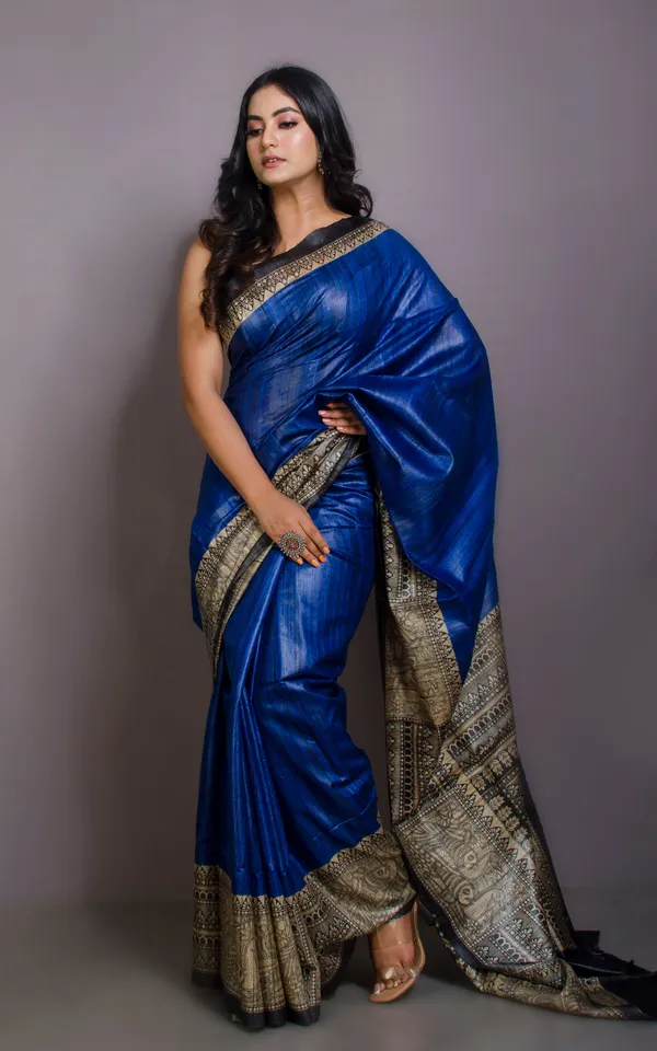Soft_Tussar_Ghicha_Kalamkari_Saree_In_Royal_Blue_Beige_And_Black