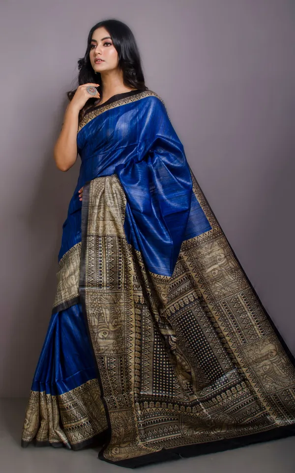 Soft_Tussar_Ghicha_Kalamkari_Saree_In_Royal_Blue_Beige_And_Black