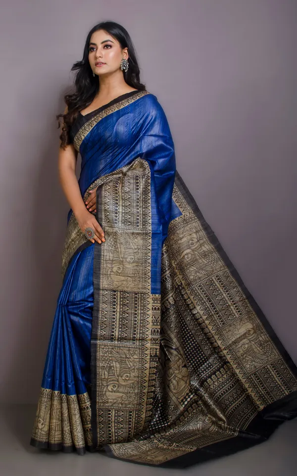 Soft_Tussar_Ghicha_Kalamkari_Saree_In_Royal_Blue_Beige_And_Black