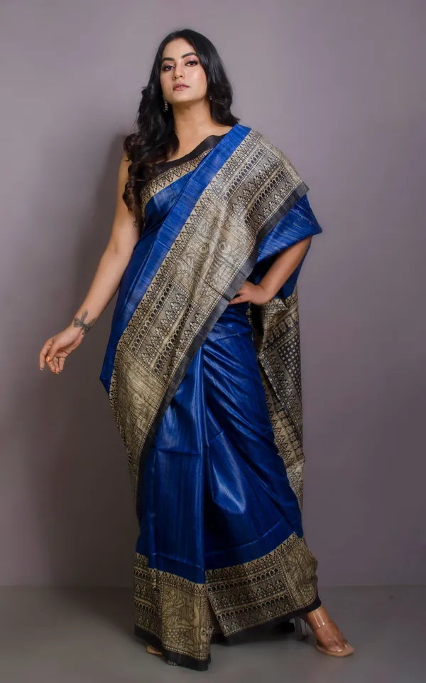Soft_Tussar_Ghicha_Kalamkari_Saree_In_Royal_Blue_Beige_And_Black