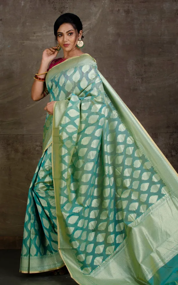 Hand_Woven_Cotton_Chanderi_Saree_In_Lucite_Green_Beige_And_Muted_Gold