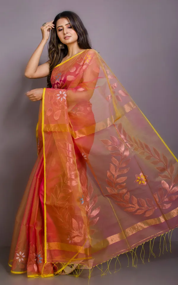Authentic_Soft_Silk_Muslin_Jamdani_Saree_In_Peach_Gold_And_Multicolor_Meenakari_Work