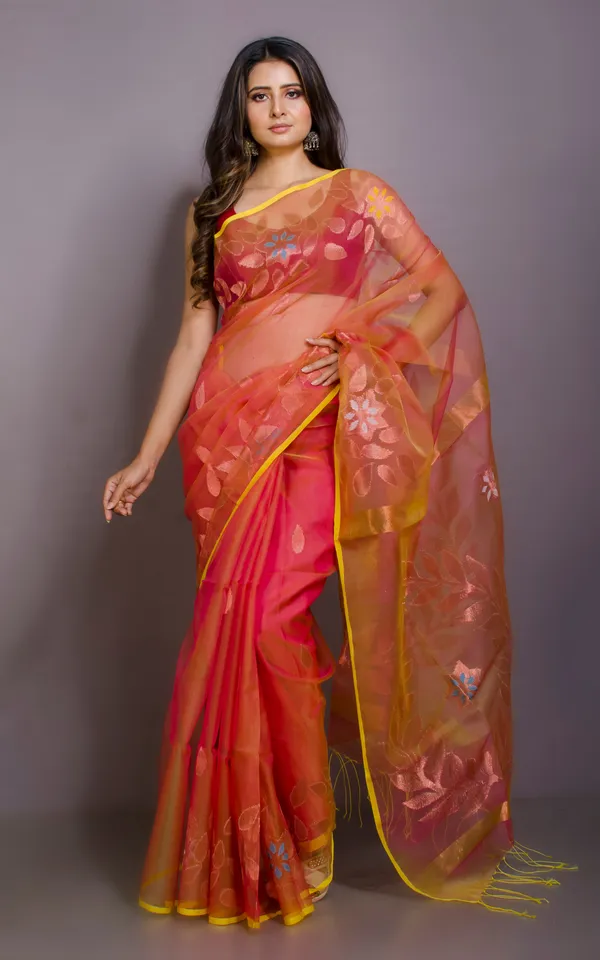 Authentic_Soft_Silk_Muslin_Jamdani_Saree_In_Peach_Gold_And_Multicolor_Meenakari_Work