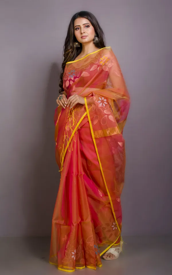 Authentic_Soft_Silk_Muslin_Jamdani_Saree_In_Peach_Gold_And_Multicolor_Meenakari_Work