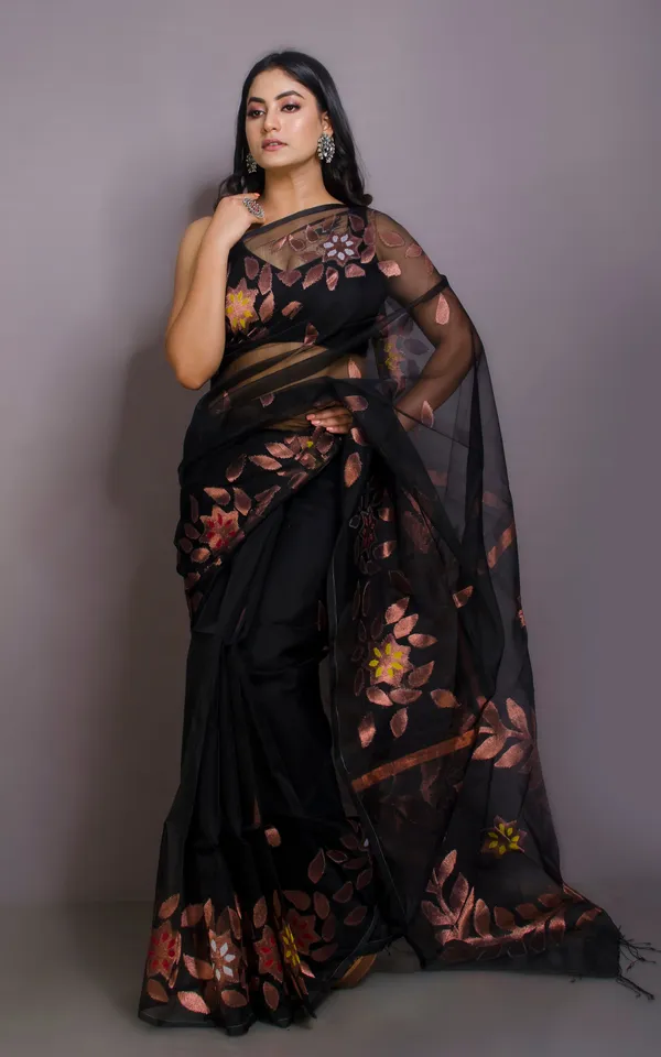 Authentic_Soft_Silk_Muslin_Jamdani_Saree_In_Jet_Black_Copper_And_Multicolor_Meenakari_Work