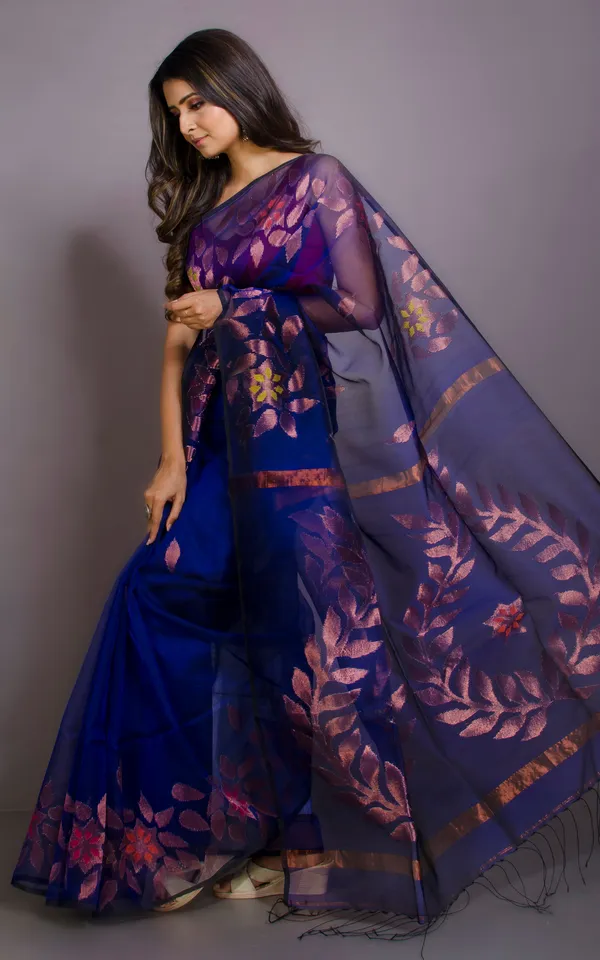 Authentic_Soft_Silk_Muslin_Jamdani_Saree_In_Dark_Blue_Copper_And_Multicolor_Meenakari_Work