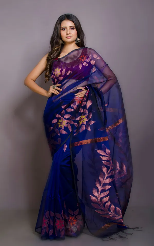 Authentic_Soft_Silk_Muslin_Jamdani_Saree_In_Dark_Blue_Copper_And_Multicolor_Meenakari_Work