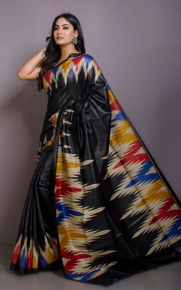Printed_Silk_Ghicha_Tussar_Saree_In_Black_And_Multicolor