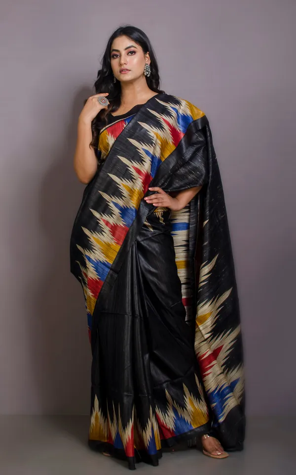 Printed_Silk_Ghicha_Tussar_Saree_In_Black_And_Multicolor