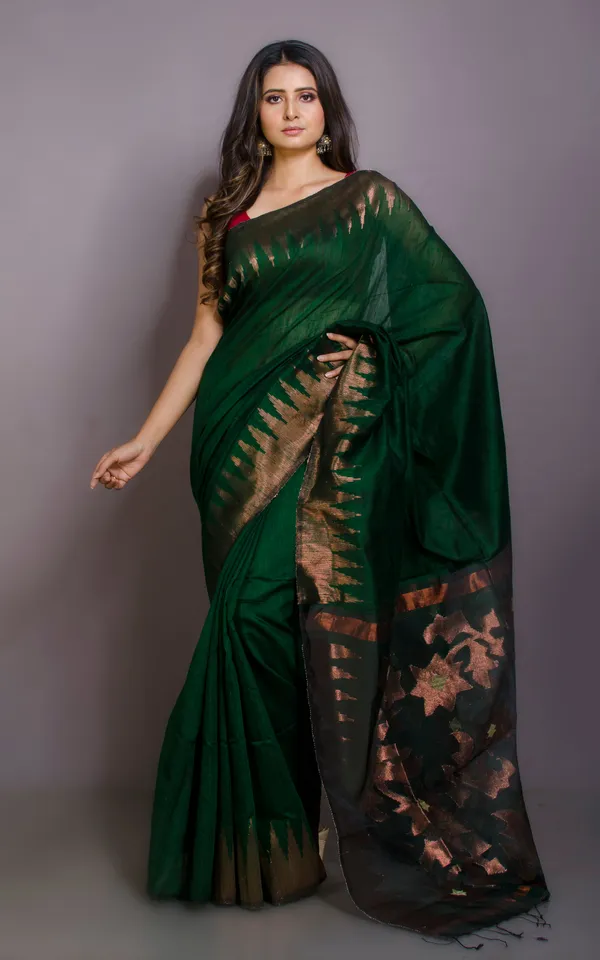Crowned_Temple_Border_Matka_Tussar_Silk_Jamdani_Saree_In_Dark_Emerald_Green_And_Copper_Zari_Work