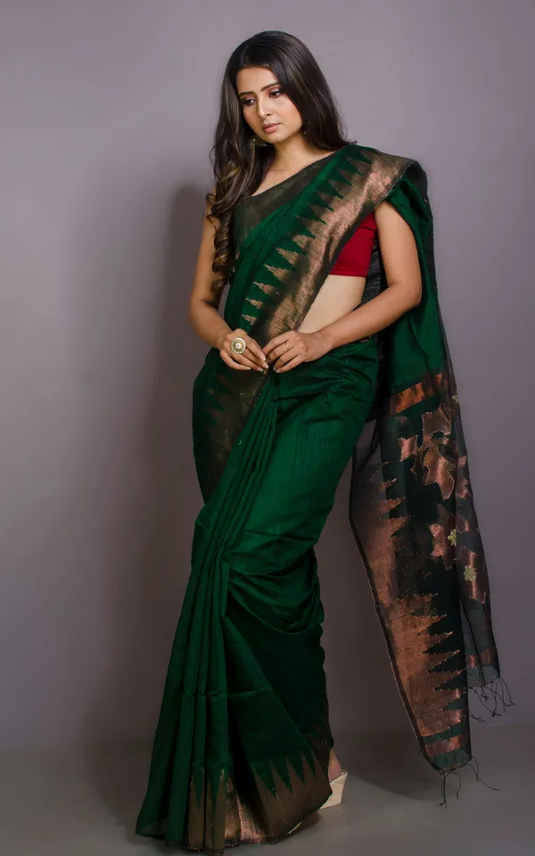 Crowned_Temple_Border_Matka_Tussar_Silk_Jamdani_Saree_In_Dark_Emerald_Green_And_Copper_Zari_Work