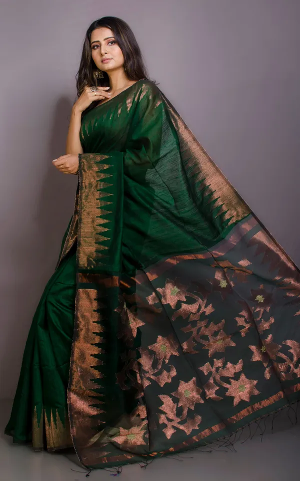 Crowned_Temple_Border_Matka_Tussar_Silk_Jamdani_Saree_In_Dark_Emerald_Green_And_Copper_Zari_Work