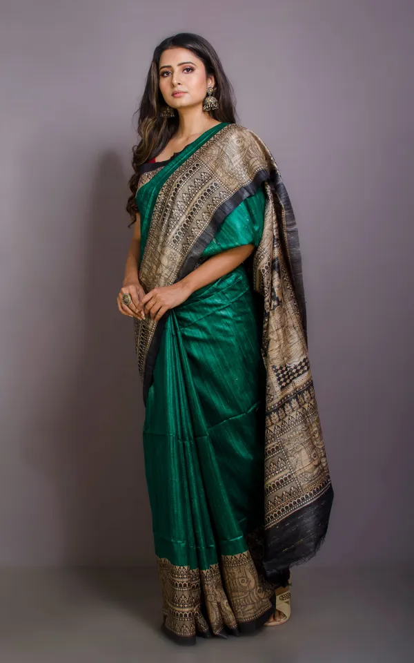 Soft_Tussar_Ghicha_Kalamkari_Saree_In_Cadmium_Green_Beige_And_Black