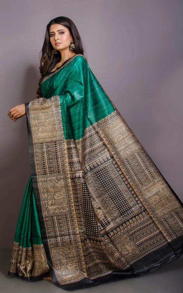 Soft_Tussar_Ghicha_Kalamkari_Saree_In_Cadmium_Green_Beige_And_Black