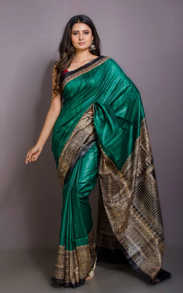 Soft_Tussar_Ghicha_Kalamkari_Saree_In_Cadmium_Green_Beige_And_Black