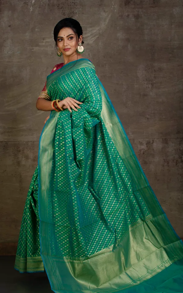 Hand_Woven_Cotton_Chanderi_Saree_In_Jade_Green_Blue_And_Muted_Gold_Matte_Zari_Work