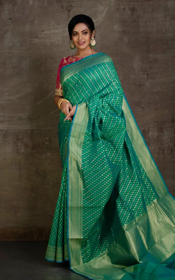 Hand_Woven_Cotton_Chanderi_Saree_In_Jade_Green_Blue_And_Muted_Gold_Matte_Zari_Work