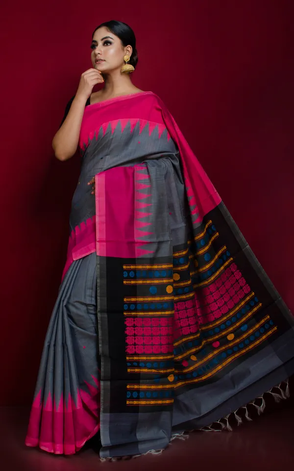 Dolabedi_Tussar_Silk_Saree_In_Slate_Grey_Hot_Pink_And_Multicolor_Thread_Work