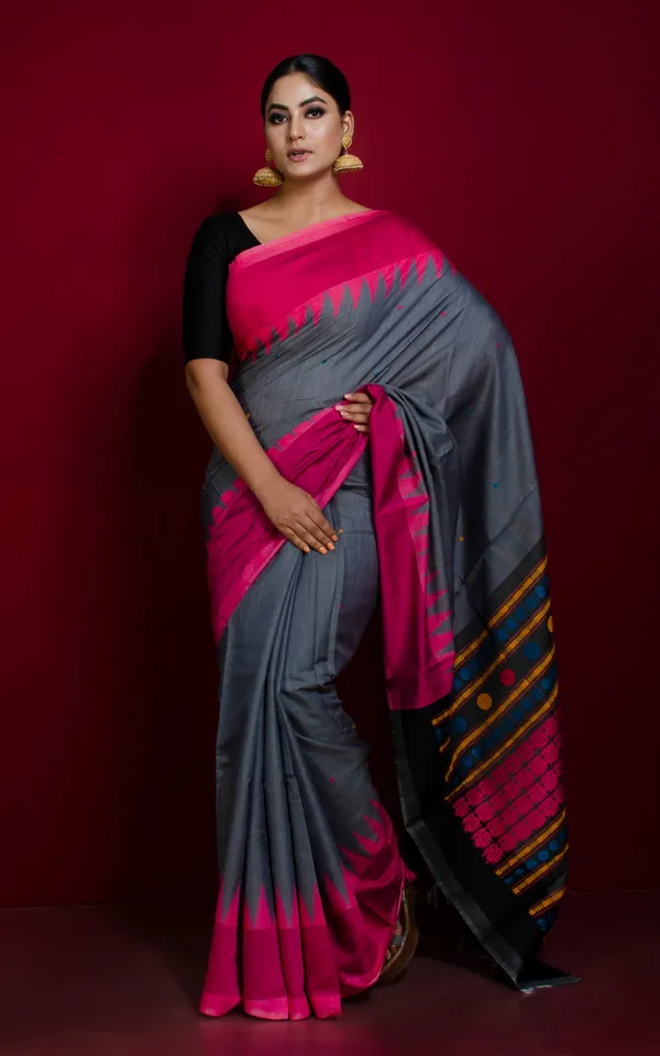 Dolabedi_Tussar_Silk_Saree_In_Slate_Grey_Hot_Pink_And_Multicolor_Thread_Work