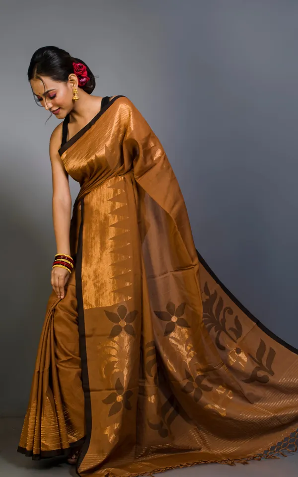 Premium_Quality_Double_Warp_Soft_Cotton_Kanjivaram_Saree_In_Chocolate_Brown_Black_And_Muted_Gold_Zari_Work