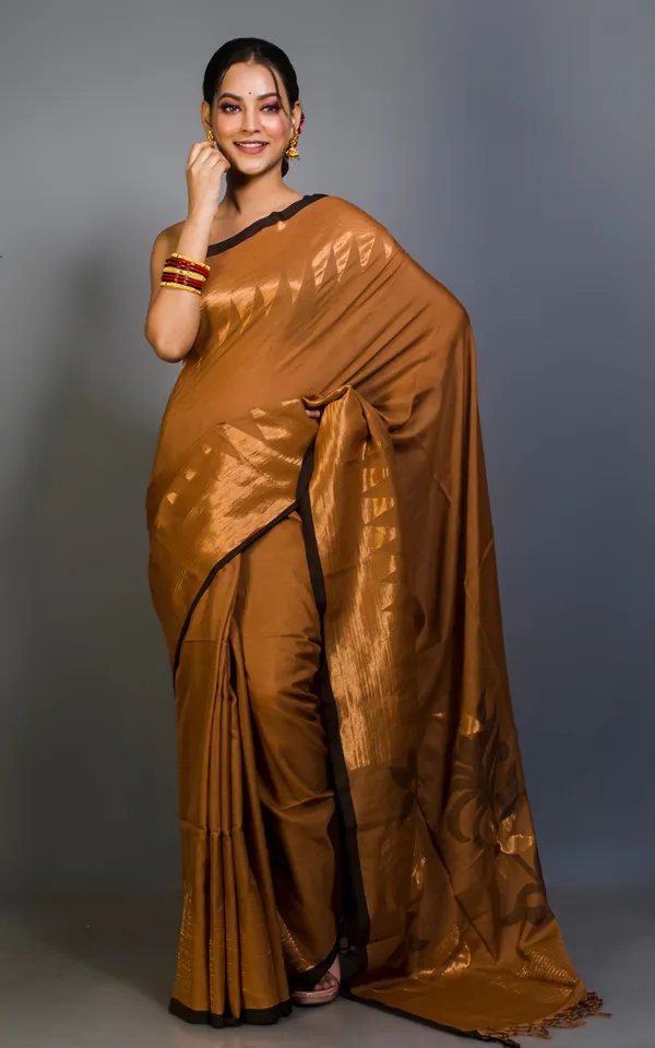 Premium_Quality_Double_Warp_Soft_Cotton_Kanjivaram_Saree_In_Chocolate_Brown_Black_And_Muted_Gold_Zari_Work