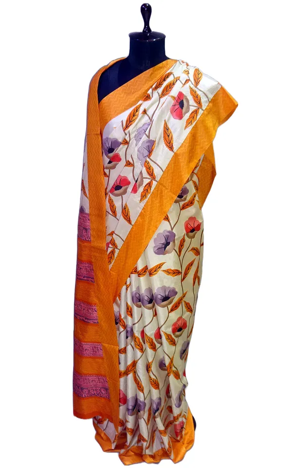 Floral_Printed_With_Kantha_Work_Soft_Kosa_Silk_Saree_In_Cream_Saffron_And_Multicolor