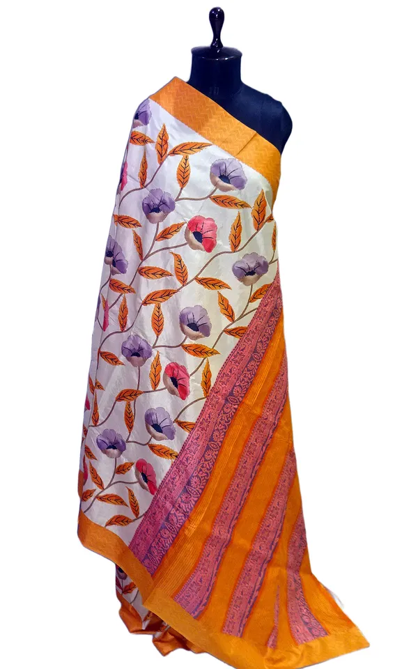 Floral_Printed_With_Kantha_Work_Soft_Kosa_Silk_Saree_In_Cream_Saffron_And_Multicolor