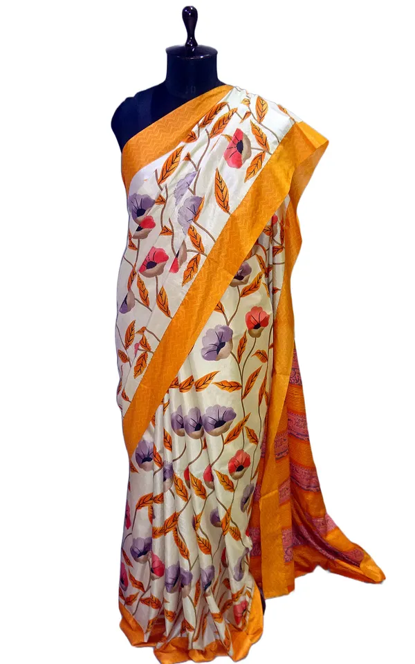Floral_Printed_With_Kantha_Work_Soft_Kosa_Silk_Saree_In_Cream_Saffron_And_Multicolor