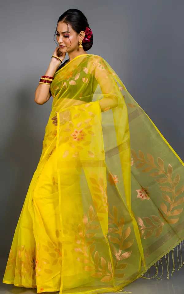 Authentic_Soft_Silk_Muslin_Jamdani_Saree_In_Cadmium_Yellow_Copper_And_Multicolor_Meenakari_Work